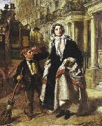William Powell Frith, Lady waiting to cross a street, with a little boy crossing-sweeper begging for money.